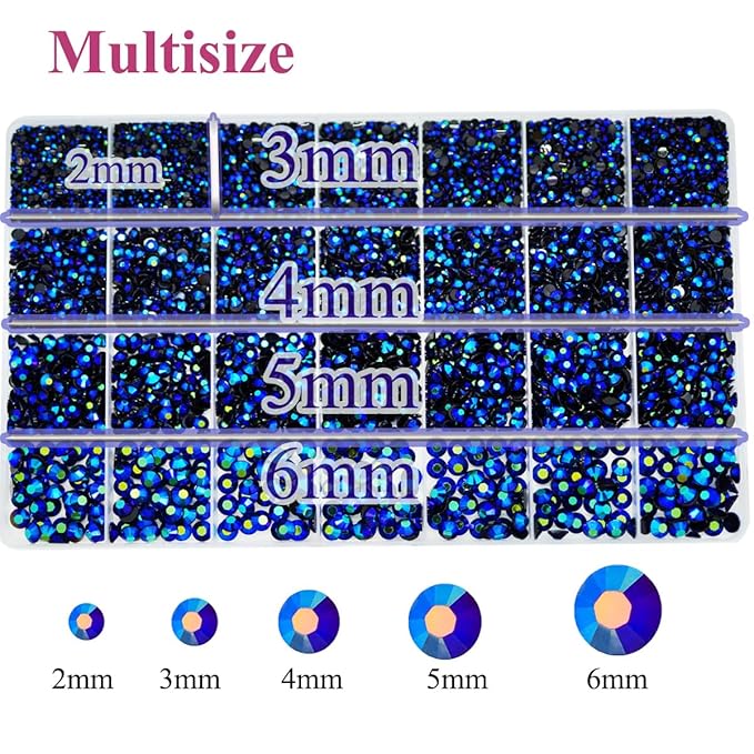 22000pcs Resin Flatback Rhinestones for Crafting, Ink Blue AB Bedazzling Gems Beads 2mm 3mm 4mm 5mm 6mm, Non-Hotfix SS8 SS10 SS16 SS20 SS30 Gems with B7000 Glue for DIY Crafts, Nails