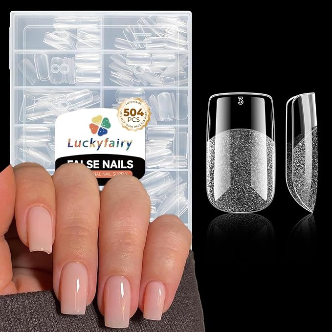 Nail Tips Square: 504PCS Tri-Layer Core Short Square Gel Nail Tips, 12 Sizes Soft Clear Nails Full Cover Acrylic False Fake Nails for Women Flat & Natural Nail Extensions Home