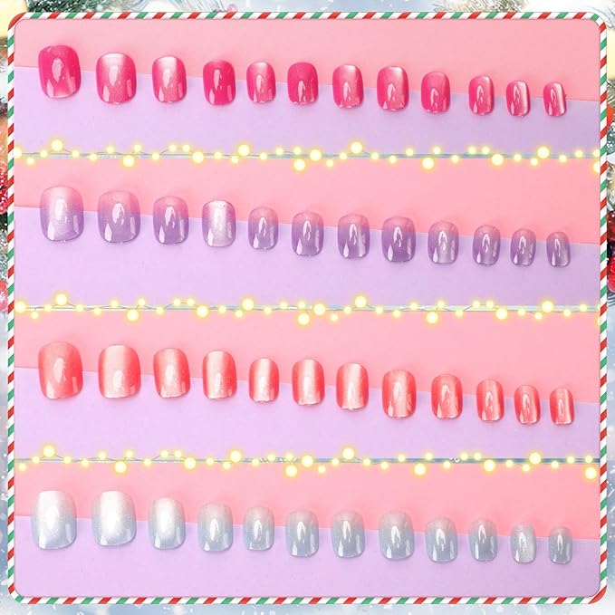 JANYUN 96 Pcs Cat Eye Design Fake Nails Press on, Nails Pre-glue Full Cover Short False Nails Nails Christmas Lovely Gift