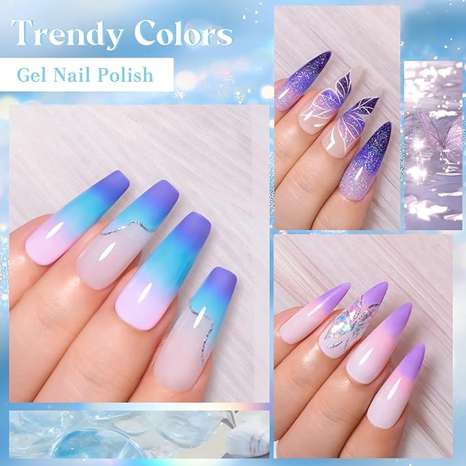 Color Changing Gel Nail Polish Set Temperature Mood Changed Glitter Blue Purple Nail Art Design Gifts for Women Girls 12Pcs*8ml