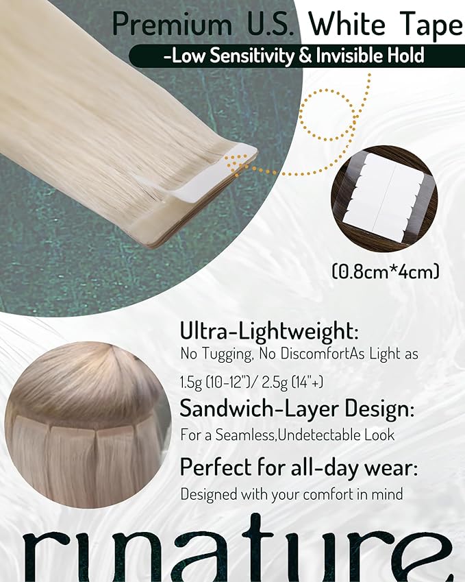 RUNATURE Tape in Hair Extensions Human Hair Platinum Blonde Tape in Extensions Seamless Tape ins Human Hair Extensions Blonde Hair Extension Tape ins 20 Inch Long Remy Hair Easy to Apply 50g 20pcs