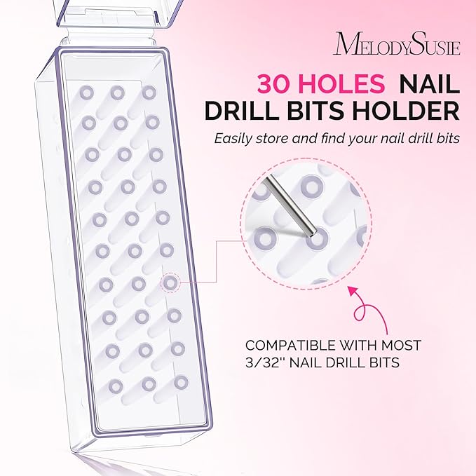 MelodySusie Nail Drill Bits Holder, 30 Holes Case, Portable Dustproof Displayer Organizer Container, Nail Tech Professional Nail Art Tool, Travel Salon Home, Clear (Drill Bits Not Included)
