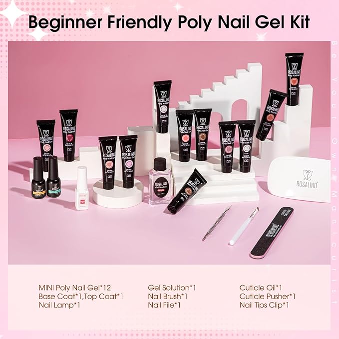 ROSALIND Poly Nail Gel Kit -12 Colors + Nail Art Accessories kit Clear Nude Poly Nails Gel Kit Starter Kit With Slip Solution Pro Nude Pink Nail Extensions Gel Set with Mini UV Lamp