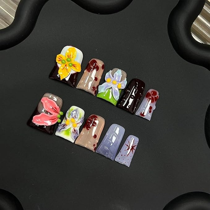 10pcs Handmade Press on Nails for Women - Medium Duck Curve 3D Thick Acrylic Fake Nails Reusable,Designer Floral Butterfly Rhinestones Bling Boho Funky Y2k Nail-art Set,S,colorful