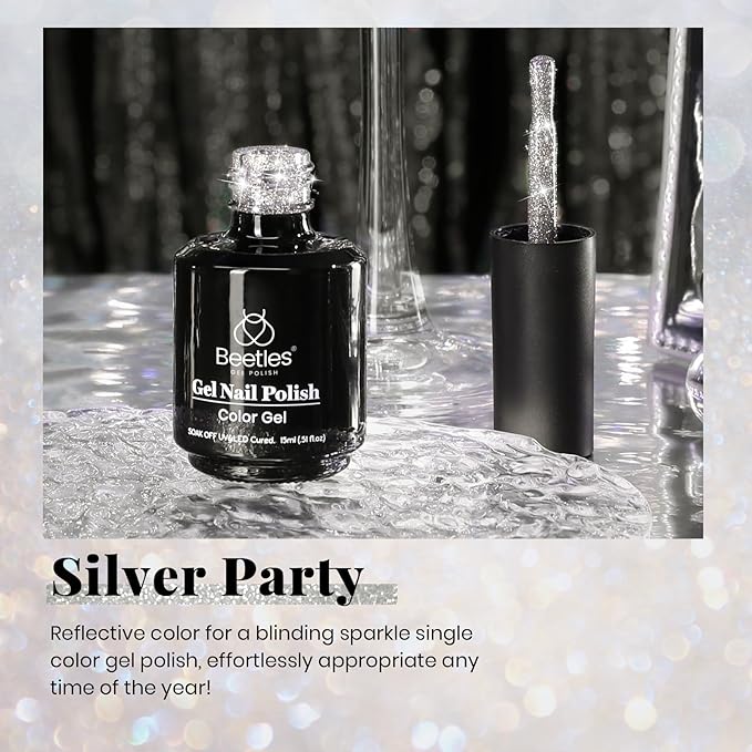 Beetles Reflective Glitter Gel Nail Polish, 15ml Silver Glitter Nail Polish Shimmer Soak Off Uv LED Lamp Gel Nail Art Manicure Salon DIY Home Diamond Gift for Women