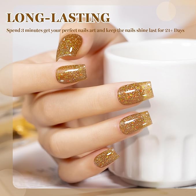 RARJSM Champagne Gold Reflective Glitter Gel Nail Polish Holographic Rainbow Iridescent Sparkle Flash Diamond Shimmer LED UV Soak Off Gelpolish Nail Art Manicure Salon DIY at Home 1pcs 7.5ml