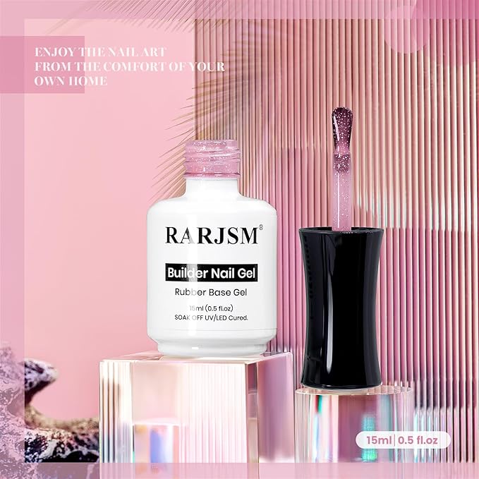 RARJSM Nude Sweet Pink Rainbow Glitter Rubber Base Coat Gel Nail Polish Natural Skin Tone Iridescent Shimmer Brush on Extend Jelly Gelpolish Soak Off Curing Requires 15ml Salon Home French Manicure