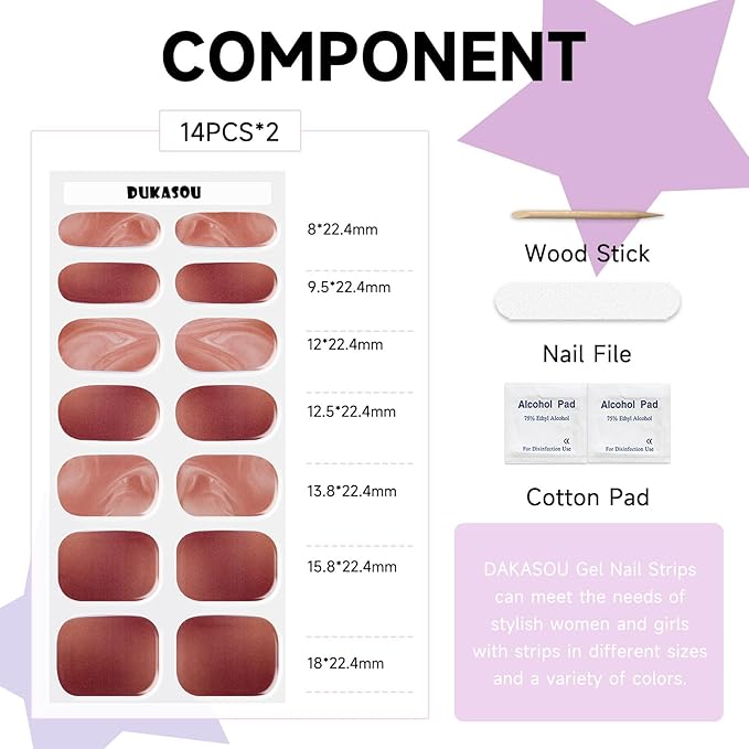 Semi Cured Gel Nail Strips, 28 pcs Gel Nail Stickers Work with Any UV Lights, Long-Lasting Nail Wraps, Stick on Nails for women Easy to Apply & Remove
