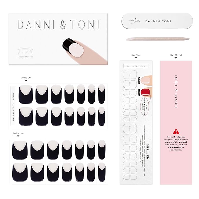 DANNI & TONI Semi Cured Gel Nail Strips Black French Tips Translucent White Glaze Nail Wraps 28 Stickers | Luxe Noir