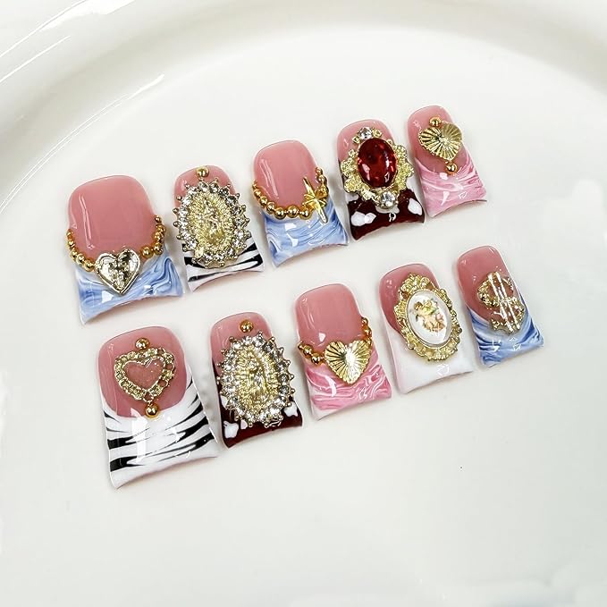 Handmade Press on Nails Kit Heart Fake Nail with Luxury 3D Rhinestone Designs Gradient French Tip Muti-Layer Gel Acrylic Nails Short Square False Nails Golden Embossed Stick on Nail for Women (Size S)