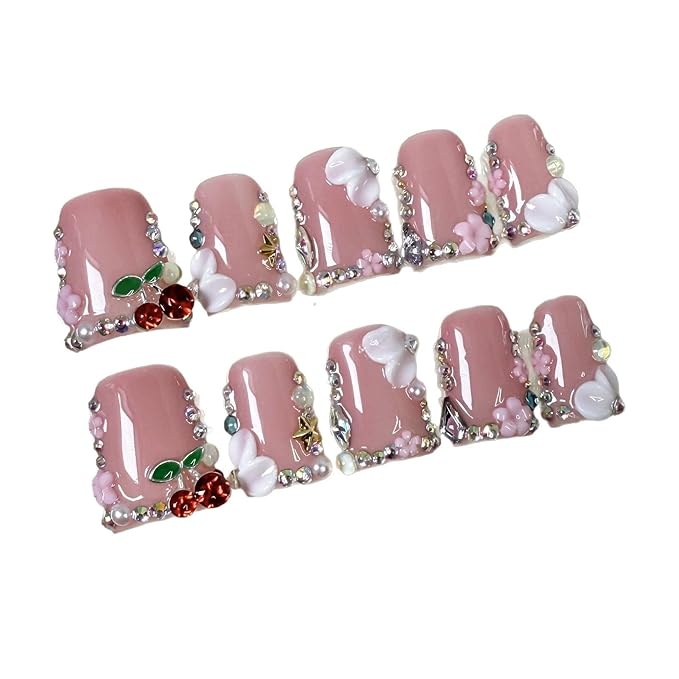 Pink Handmade Press on Nails Duck Medium Fake Nails 3D Cherry False Nails with Glue Sparkling French Tips False Nails Handmade Duck Nails Press ons Reusable Stick on Nail for Women 10Pcs(M)