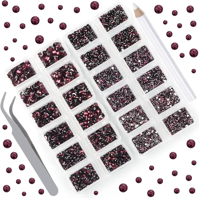 10000 Pieces Rhinestones 6 Sizes Round Crystal Glass Flat Back Rhinestones with 1Tweezers and 1Picking Pen for Nail Art Crafts Clothes Bags DIY (Amethyst)