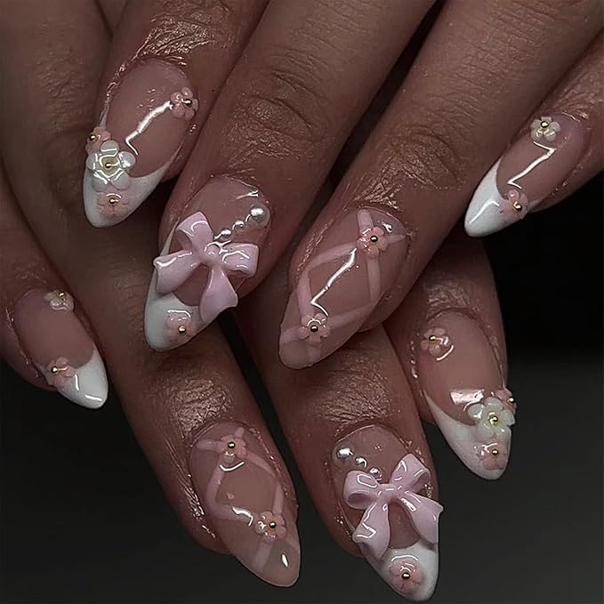 Bow Press on Nails - Almond Fake Nails Press ons - Flower Pink False Nails with Designs 3D - Acrylic French Tip Glue on Nails - for Women Stick on Nails 24Pcs