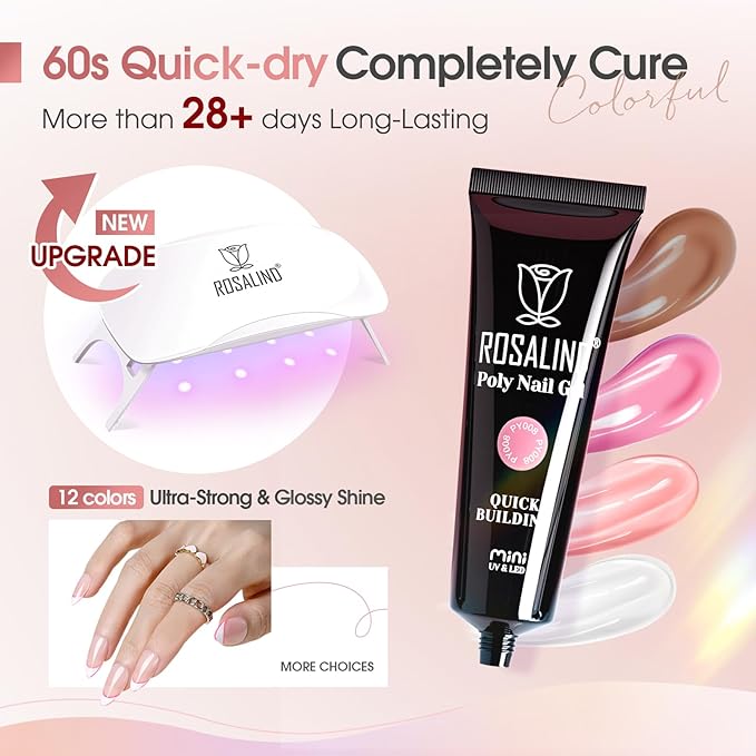 ROSALIND 12PCS Pink Brown Christmas Poly Nail Gel Kit with Mini Nail Lamp White Glitter Pink Poly Extension Gel Set 0.34oz/10ml with Slip Solution Basic Tools for Beginners with Everything