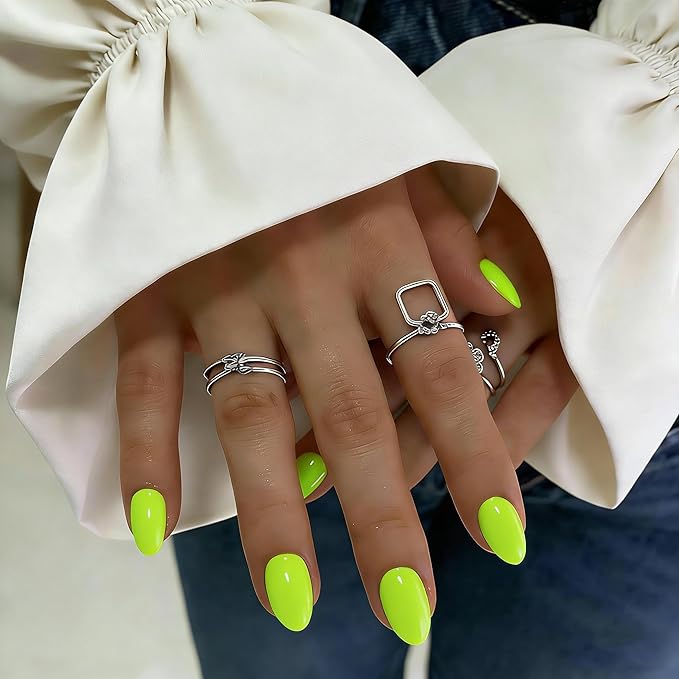KQueenest Press On Nails Short - Neon Green Press On Nails Oval, 32 Pcs 16 Sizes Natural Short Fake Nails Press ons Almond, Reusable Opaque Glossy Bright Lime Glue on Nail with Glue for Summer Wear