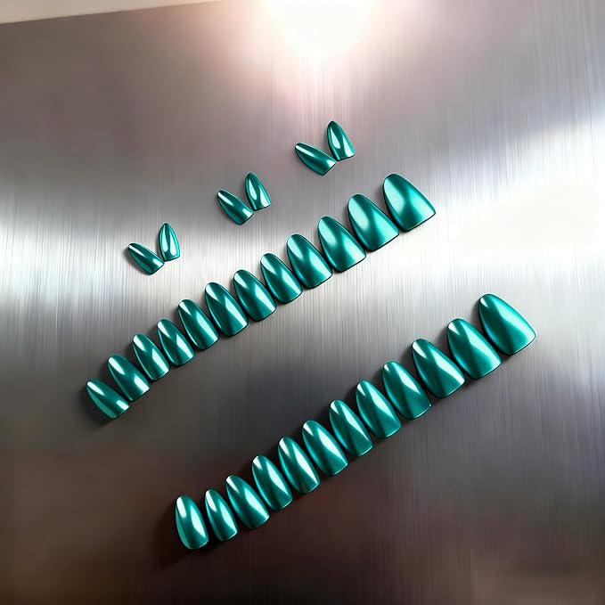 Chrome Press on Nails Short Almond, Metallic Teal Green Fake Nails with a Sparkle Mirror Finish, Glitter Glue on Nails for Women Birthday Party, Thick Quality Soft Gel Nail Press ons 30 Pcs