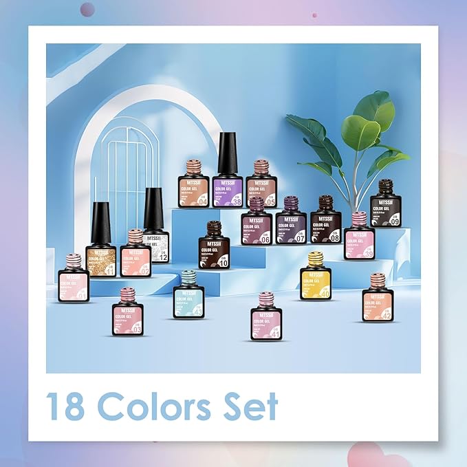 MTSSII 18PCS Gel Nail Polish Set - Nude, Pink, Blue, Yellow - Gel Nail Polish Kit - UV/LED Lamp Compatible - Soak Off - Non-Toxic, Natural Ingredients - Women, All Seasons