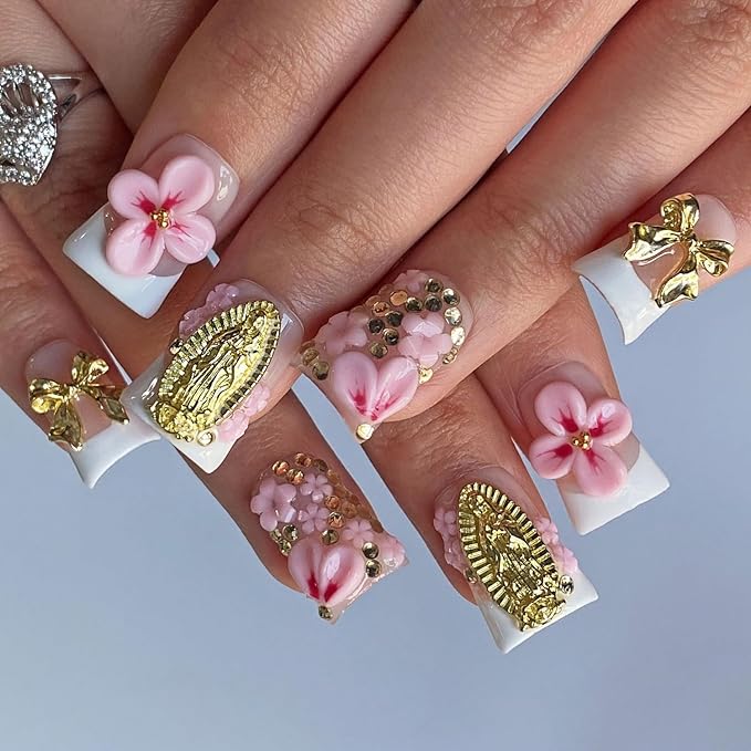 Handmade Press on Nails Short Duck Shaped Fake Nails White French Tip Muti-Layer Gel Fake Nails 3D Rhinestones Bow and Flower Designs Thick False Nails Full Cover Stick on Nails for Women (Size M)