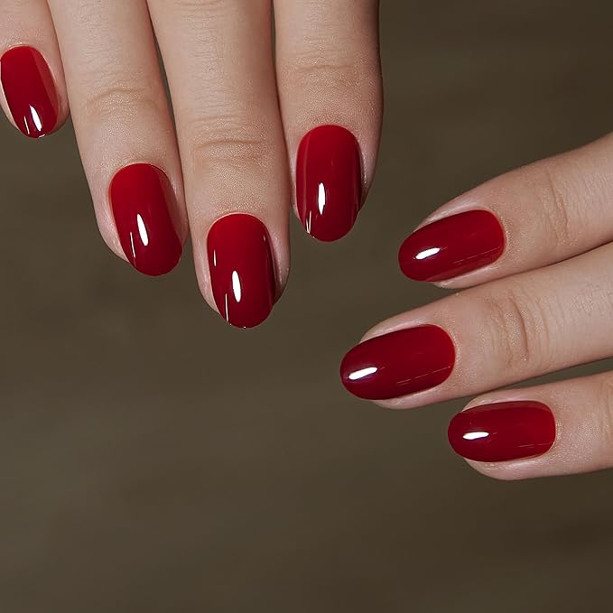 Curvlife Medium Oval Press On Nails – 30PCS Classic Red Full Cover False Natural Fit Soft Gel Christmas Fake Nails Tips, Easy to Apply at Home Glue On False Nails Kit