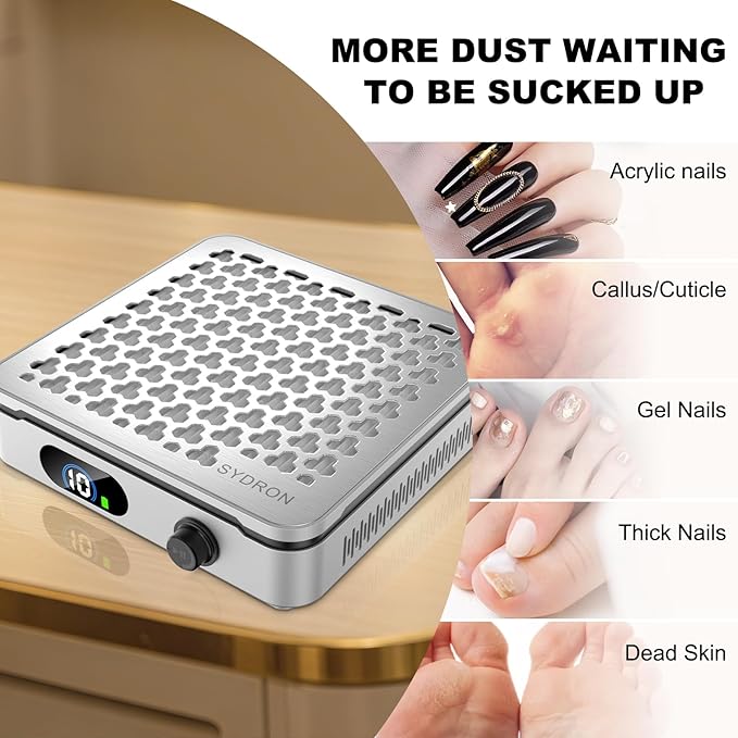Nail Dust Collector | 1000PA Nail Dust Collector Cordless | 10 Speed Levels | Low Noise & Strong Suction | Reusable Filter, 10 Pads + Nail Dust Brush | for Acrylic Nails, Salon & Home - Silver