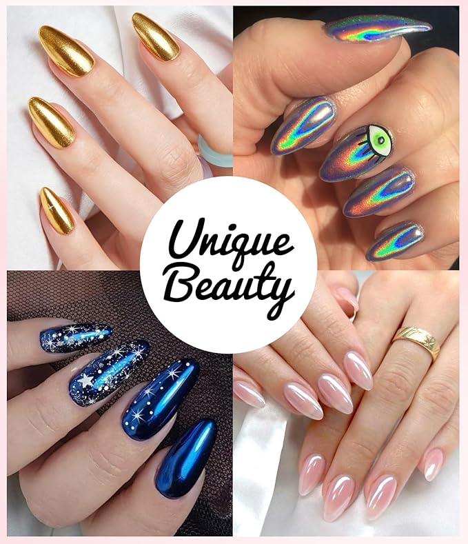 Gold Chrome Nail Powder - Sparkly Laser Holographic Nail Powder Metallic Mirror Effect Ice Blue Nail Chrome POwder, White Pearl Pigment Holo Iridescent Glitter Dust Kit, Nail Art Decoration