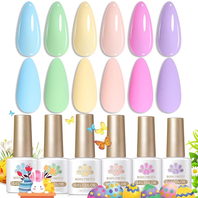 Born Pretty Pastel Gel Nail Polish Macaron Candy Sweet Color Gel Polish Spring Summer Gel Polish Nude Pink Yellow Purple Blue Green Colors Easter Collection Nail Art Gift Box 7ML 6PCS