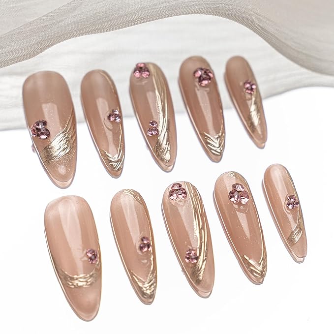 Sun&Beam Nails Handmade Press-on Long Amlond Nude Beige Gold Pink Rhinestone Minimalist glossy Design Fashion False Nail Tips 10 Pcs Set (#187 L)