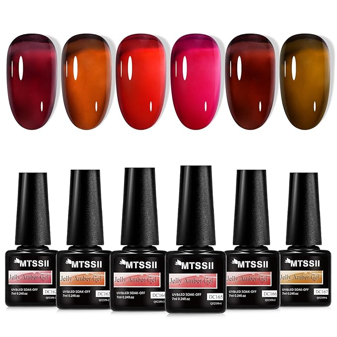 MTSSII Nude Brown Jelly Gel Nail Polish Set 6PCS Jelly Gel Polish Kit Crystal Nail Polish Red Coral Caramel Orange Amber Brown Green Nail Art Manicure DIY Gift