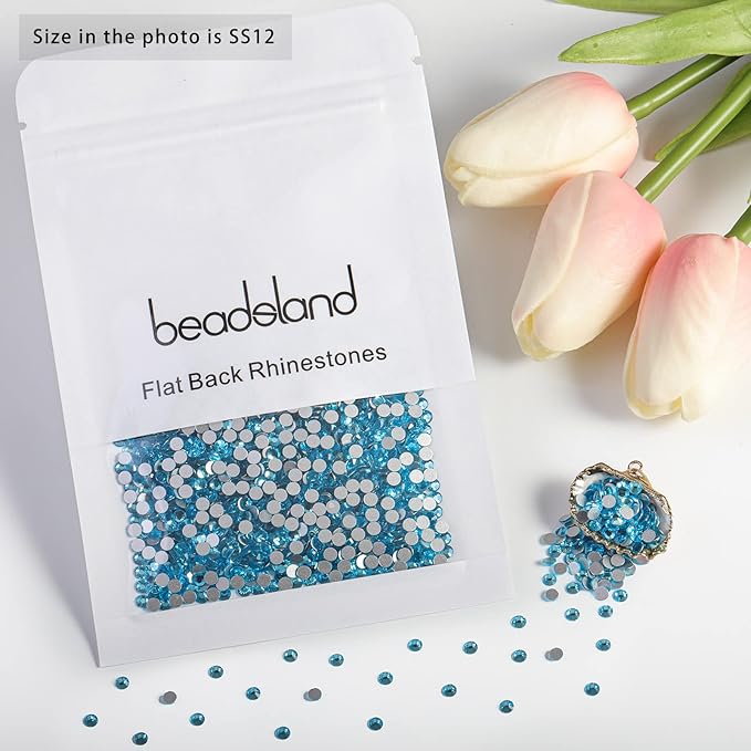 Beadsland Flat Back Crystal Rhinestones Round Gems for Nail Art and Craft Glue Fix, Aquamarine, 3.0-3.2mm, SS12/1440pcs