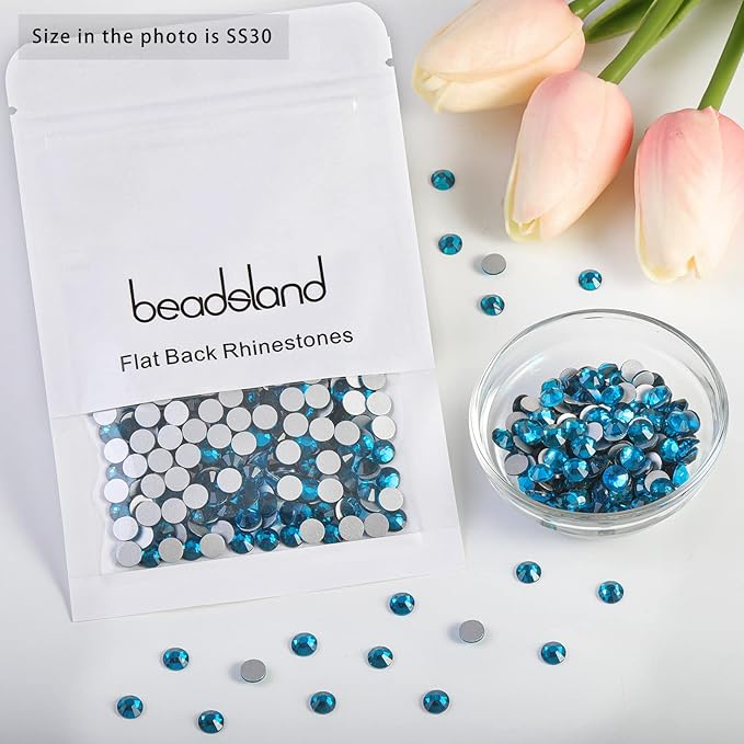 Beadsland Flat Back Crystal Rhinestones Round Gems for Nail Art and Craft Glue Fix, Indicolite, 6.3-6.5mm, SS30/288pcs