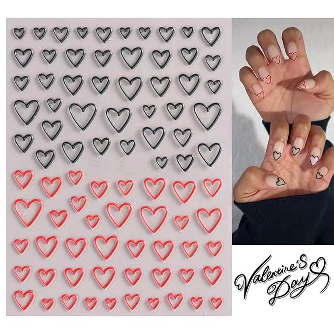 4 Sheets Valentine's Day Nail Art Sticker Decals, 5D Heart Embossed Self-Adhesive Nail Art Decoration Supplies Accessories for Women Girl