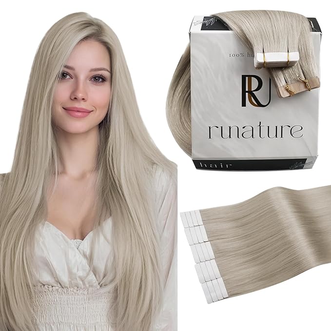 RUNATURE Tape in Hair Extensions Human Hiar Blonde Hair Extensions Tape Ins 28 Inch Long Tape in Extensions Human Hair Silky Remy Hair for Women 50g 20pcs #800 White Blonde
