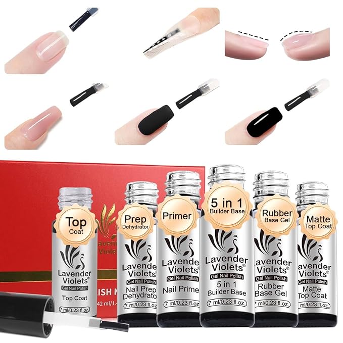 Lavender Violets 6pcs Gel Base and Top Coat Set Nail Dehydrator and Primer, 5-in-1 Builder & Pink Rubber Base Coat, Matte & No-Wipe Top Coat Long-Lasting Manicure Essential Kit for Home DIY C200