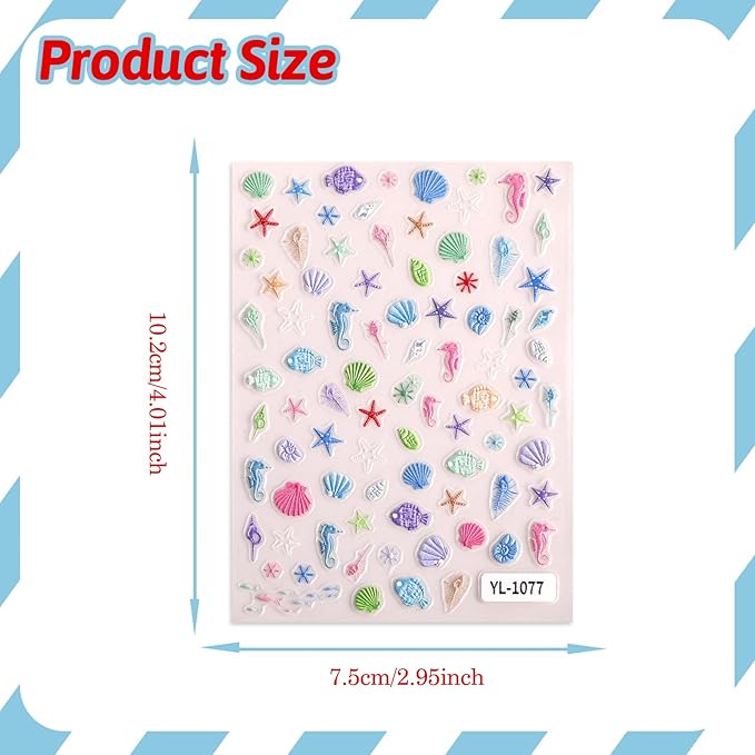 5 Sheets Summer Series Nail Stickers Embossed Nail Art Stickers Swimsuit Nail Decals with Swimming Ring Ice Cream Designs Cute Ocean DIY Self-Adhesive Nail Art Supplies
