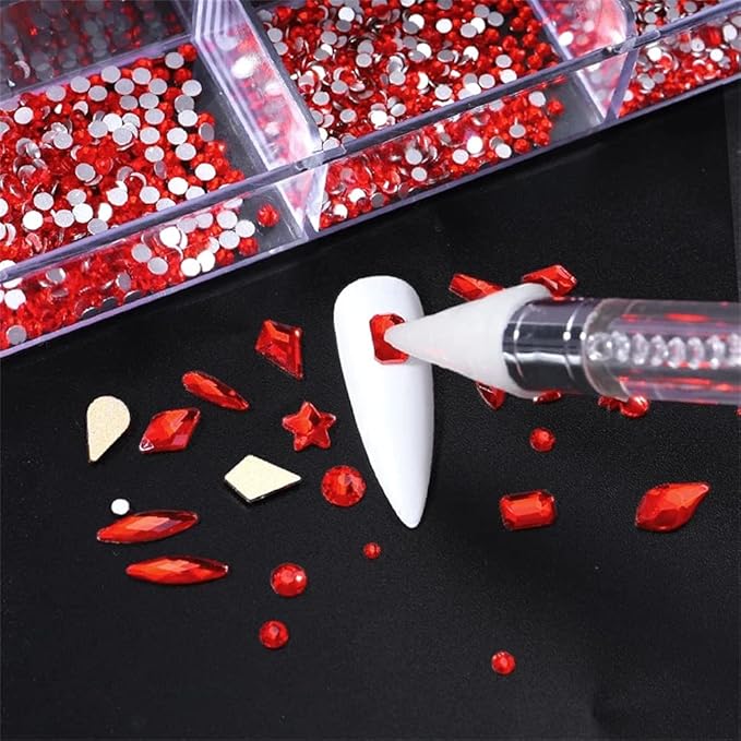 3100Pcs Red Hotfix Rhinestones Mixed Size Crystal Flatback Rhinestones for Crafts Round Glass Gems with Picking Rhinestones Pen, Mix 12 Multi shape Gems Stones Set for Makeup