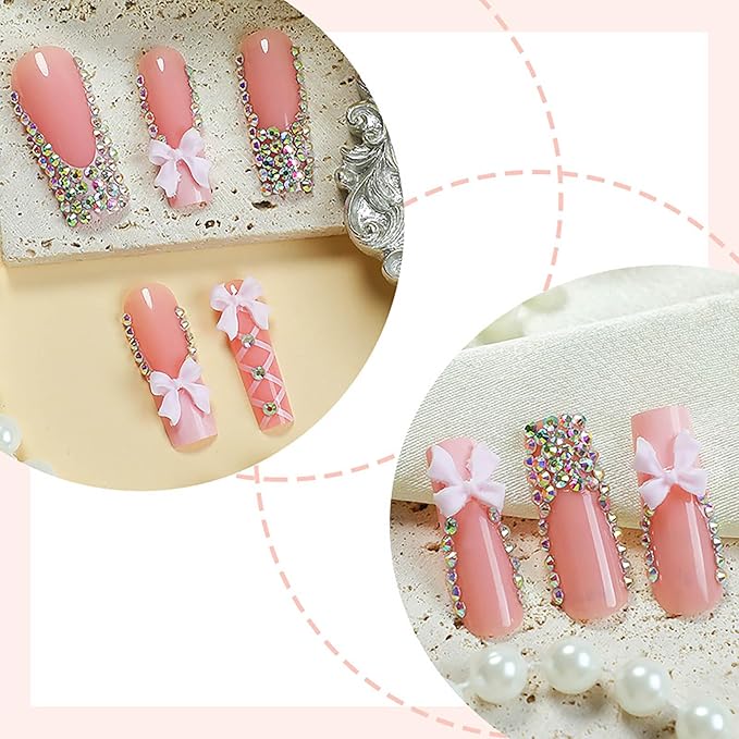 Xl Press on Nails Long Square Fake Nails French Tip False Nails with Rhinestones Acrylic Bow Glue on Nail Long Full Cover Stick on Nail for Women 24Pcs