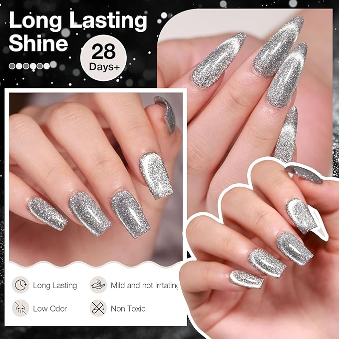 Silver Cat Eye Gel Nail Polish with Magnetic Stick - 12ML Glitter Magnetic Nail Polish for Multiple 3D Effects, Soak Off UV LED Gel Polish for DIY Manicure Salon Gifts for Women