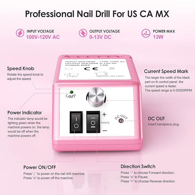 Professional Nail Drill Machine 20000 RPM Efile Electric Nail Filer Kit for Finger Toe Nails, Acrylic Gel Nails, Manicure Pedicure Drill with 6Pcs Nail Bits, 106Pcs Sanding Bands - Pink