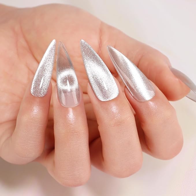 Imtiti Silver Cat Eye Gel Nail Polish, 15ML Silver Holographic Glitter Cat Eye Gel Polish with Magnet UV LED Magnetic Gel Nail Polish Clear Galaxy Sparkly Home DIY Manicure Nail Kit
