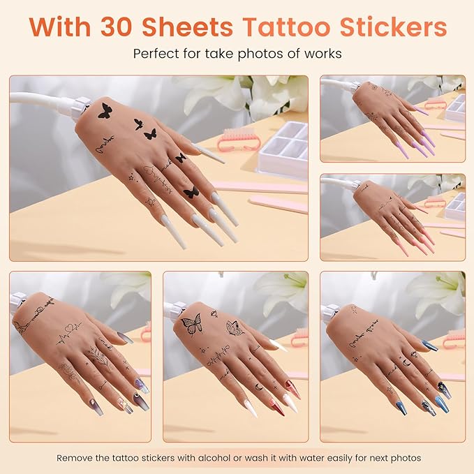 Practice Hand for Acrylic Nails: Silicone Nail Hand Practice with Gold Rings - Flexible Fake Hand Mannequin Nail Hand Kit for Beginners