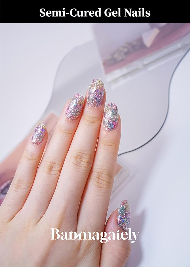 Semi Cured Gel Nail Strips, 20Pcs Long Lasting Salon Quality Wraps, Easy Apply & Remove Gel Nail Stickers with UV Light (Aurora Dust Purple)