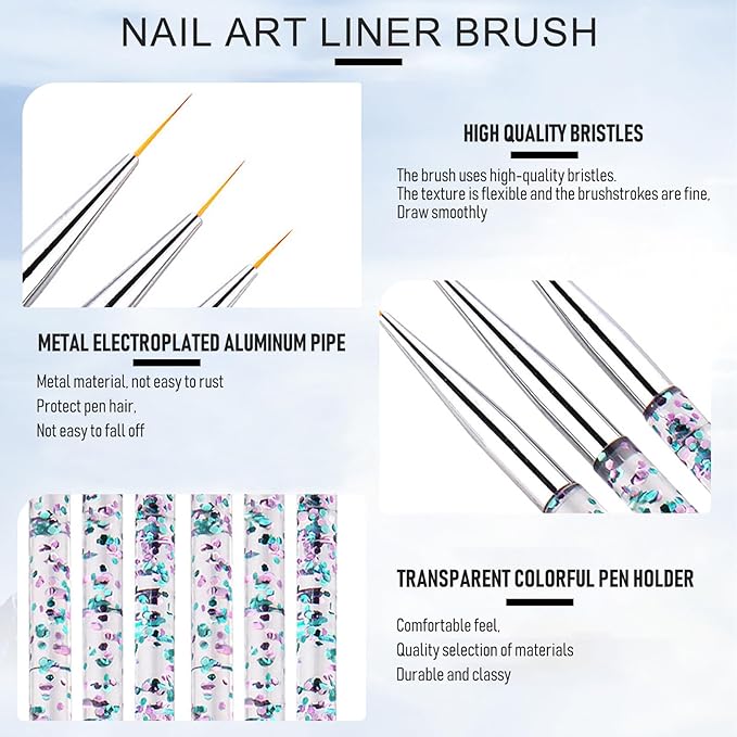 WOKOTO 6pcs Nail Ombre Brush And Liner Nail Brush Set Nail Art Painting Pen Brush UV Gel Polish Gradient Color Design Nail Polish Brushes Nail Drawing Pen Nail Detail Brushes Ombre Brushes For Nails