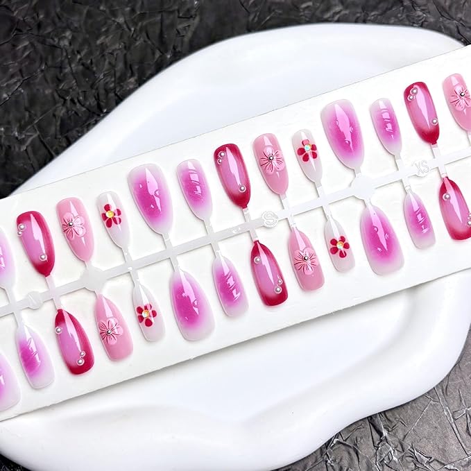 Press on Nails Medium Almond, 30 Pcs Handmade 3D Pink Flowers Embossed Designs, Glossy Nude Fake Nails, Reusable Glue On Nails, Full Cover Acrylic Nails for Women