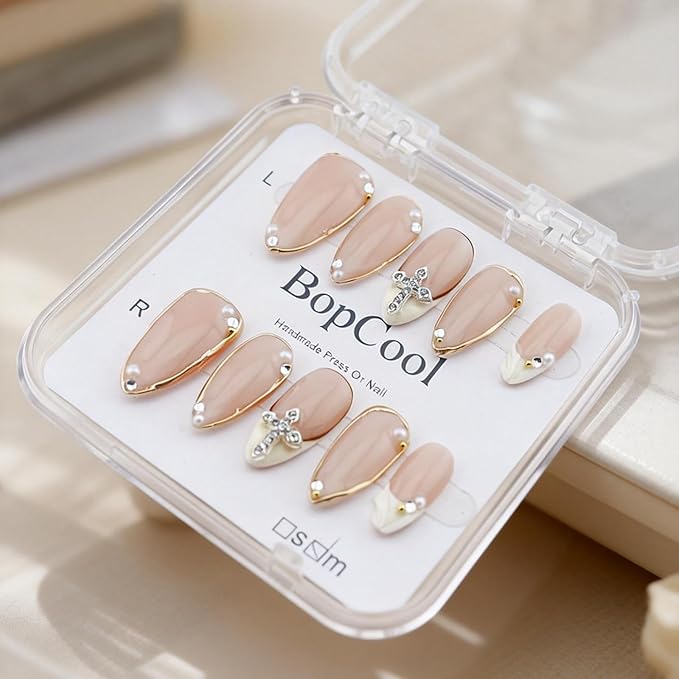 Luxury Handmade false nails，3D Gold French Cross Press-On Nails – Medium Almond Shape False Nails with Rhinestone Embellishments, Elegant Reusable Stick-On Nails(10PCS-S)