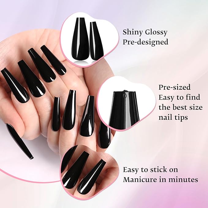 LoveOurHome 576pc Coffin Press on Nails Long Fake Nails Tips Full Cover Long Press on Coffin Acrylic Nails Press ons Nail Medium Ballerina Artificial Fingernails Colored False Nail for Women Girls