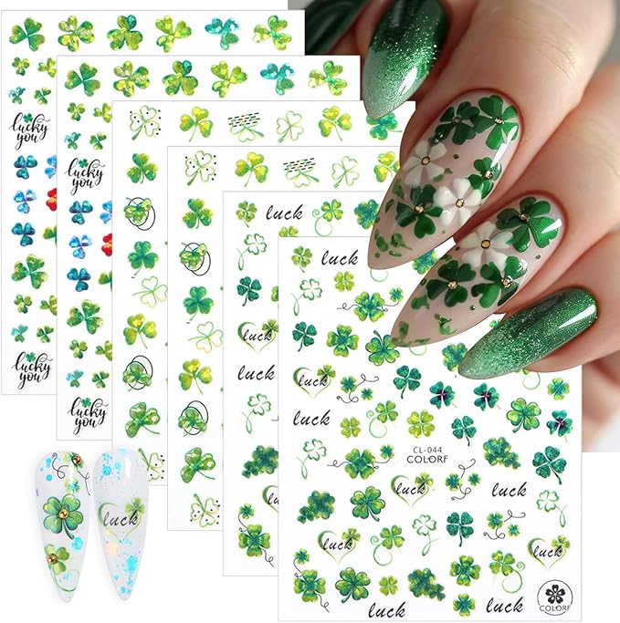 6 Sheets St Patrick’s Day Nail Art Stickers 3D Self- Adhesive Laser Shamrock Nail Stickers Green Clover Hat Letter Design St Patricks Day Nail Art Supplies Irish Nail Decals for Women Acrylic Manicure