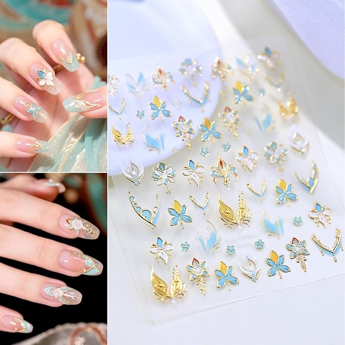 Flower Nail Stickers 5D Embossed Blue Gold Floral Nail Decals 3D Self-Adhesive Chinese Style Nail Supplies Aurora Lotus Flower Nails Designs for Women Girls DIY Manicure 1 Sheet