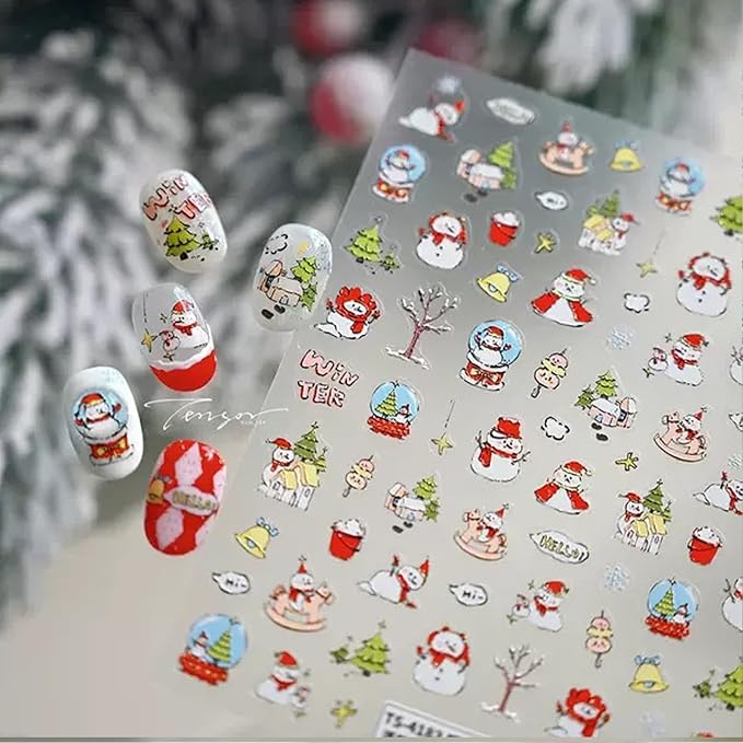 Christmas Nail Stickers Red Snowman Nail Art Stickers 5D Embossed Christmas Tree Nail Decals Winter Snowflake Nail Art Supplies 3D Self Adhesive Xmas Holiday Nail Design for Women Girls 1 Sheets