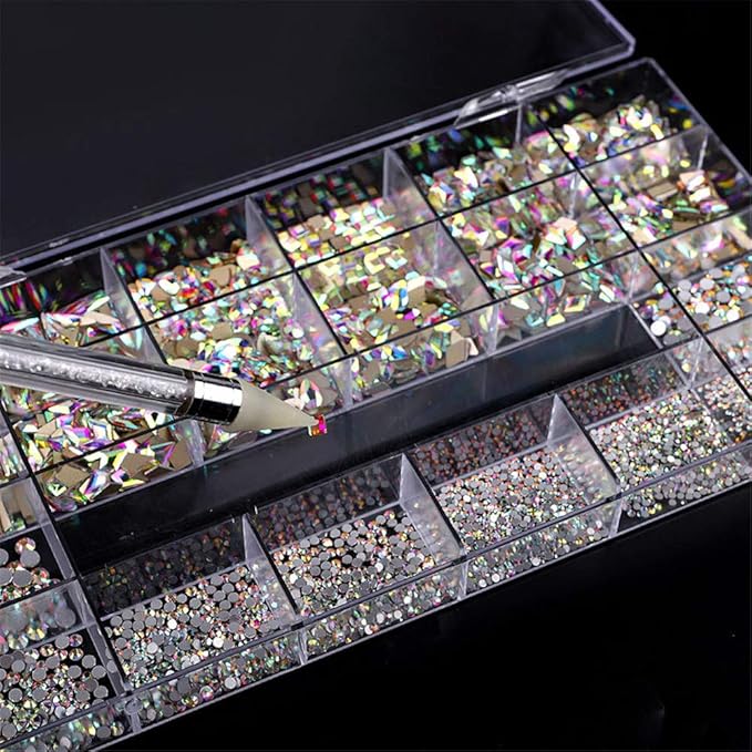 1 Box AB Rhinestones for Nails, 600 Pcs Multi Shapes Nail Rhinestones Nail Gems Nail Jewels with 2500 Pcs Crystal AB Rhinestones Diamonds for Nail Art Craft, Acrylic Nails + Picker Dotting Pen