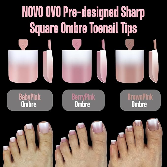 NOVO OVO Ombre French Tip Press on Toe Nail Tips, Sharp Square Pre-Designed Soft Gel False Toenail Extension, BERRY PINK Pre-applied Tip Primer & Base Coat, Full Cover Acrylic DIY x 15 Sizes 240 pcs
